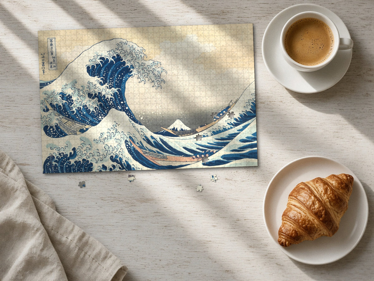 The Wave Before the Mountain 1014 piece puzzle laid flat on a pale wood table in morning sun beside a cappuccino and a croissant
