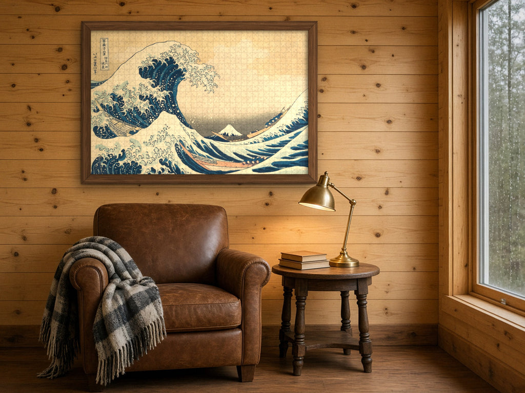 The Wave Before the Mountain 1014 piece puzzle assembled and framed on a knotty pine wall above a leather armchair with a plaid throw and a brass reading lamp