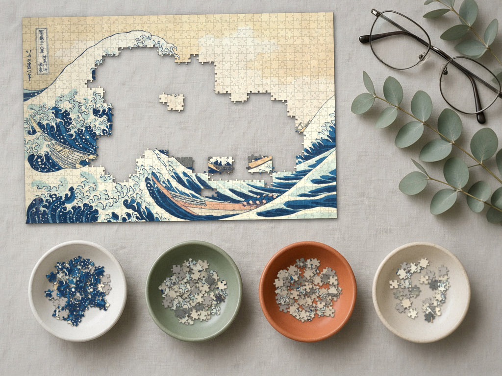 The Wave Before the Mountain 1014 piece puzzle partly assembled on a linen cloth, loose pieces sorted into four small ceramic bowls beside reading glasses and eucalyptus