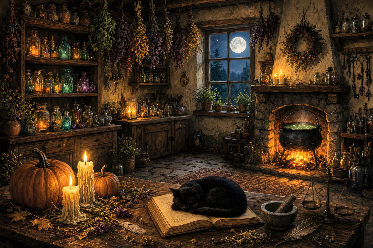 The Witch Who Stepped Out for Moonlight art puzzle: a witch's stone cottage at night, a green cauldron bubbling over the fire, shelves of glowing jars, drying herbs overhead and a black cat asleep on an open book under a moonlit window