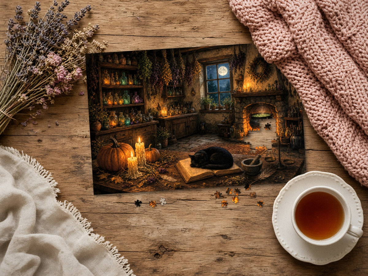 The Witch Who Stepped Out for Moonlight 1014 piece puzzle assembled on a rustic wood table with dried lavender, a pink knit blanket, a linen throw and a cup of tea, a few loose pieces nearby