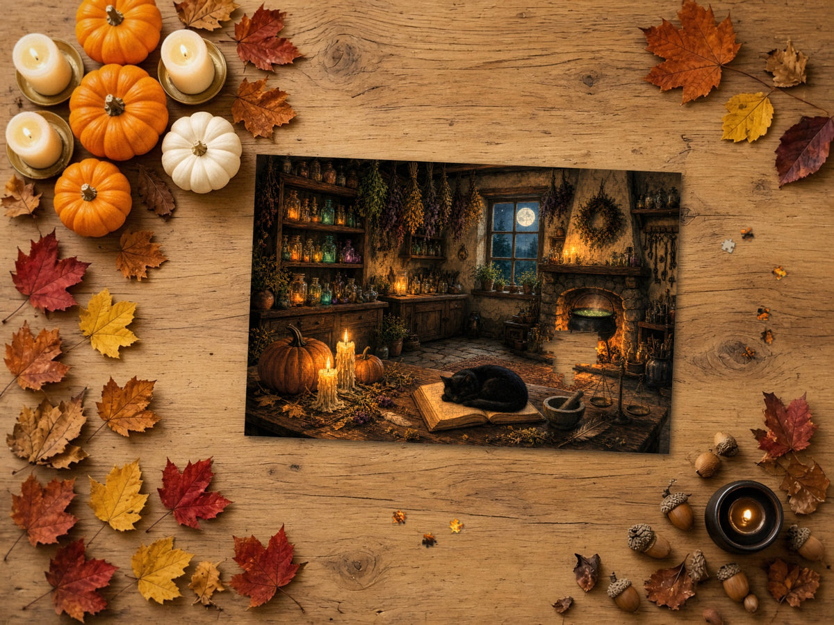 The Witch Who Stepped Out for Moonlight 1014 piece puzzle on a wood table framed by orange and white pumpkins, lit candles in brass holders, autumn maple leaves and acorns