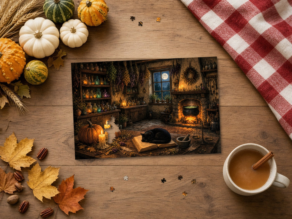 The Witch Who Stepped Out for Moonlight 1014 piece puzzle on a wood table with wheat, small pumpkins and gourds, a red gingham cloth, autumn leaves and a cinnamon latte