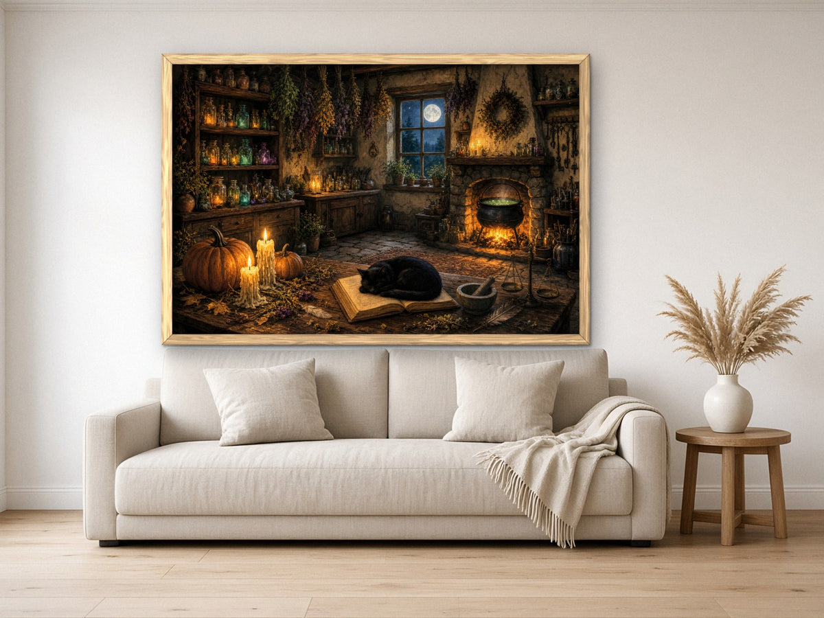 The Witch Who Stepped Out for Moonlight 1014 piece puzzle assembled, framed in light wood and hung above a cream sofa, with pampas grass on a side table