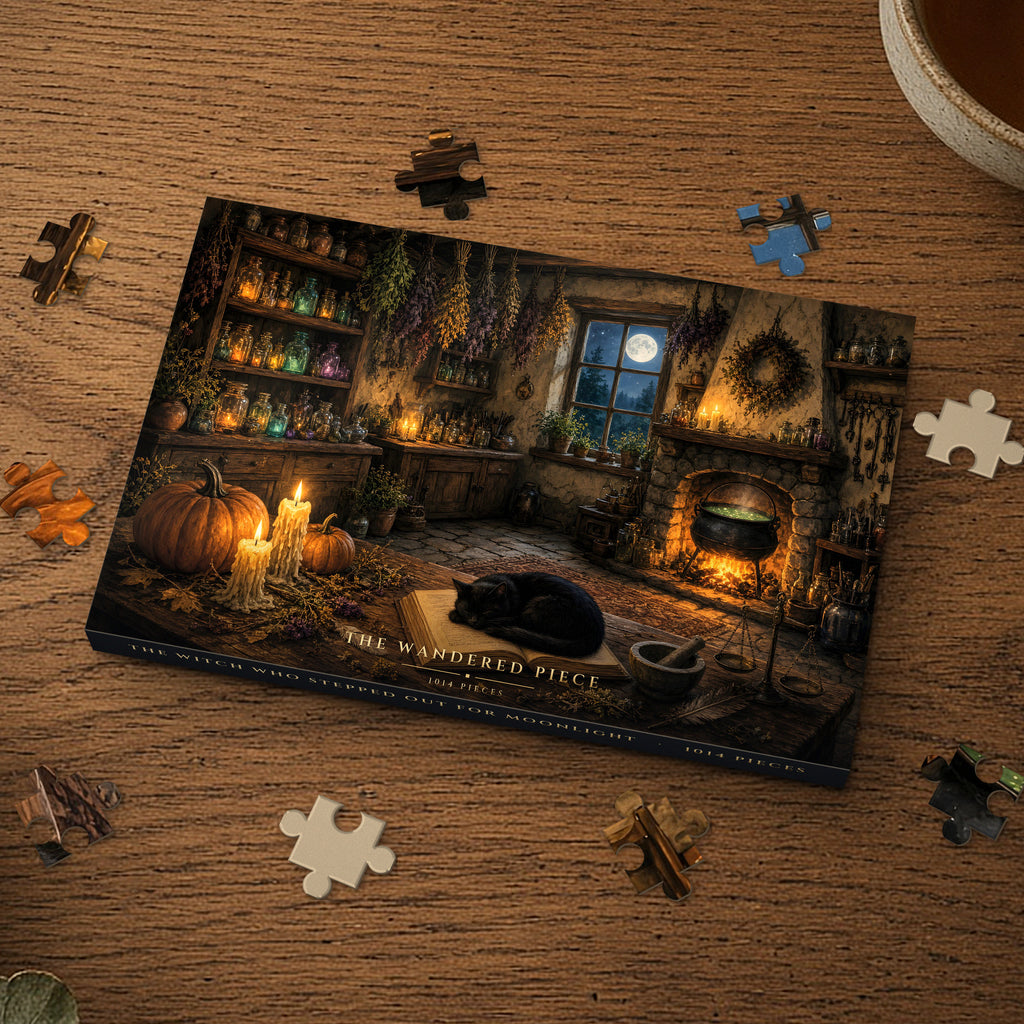 The Witch Who Stepped Out for Moonlight 1014 piece puzzle box on a wood table with loose pieces, box design shown for illustration