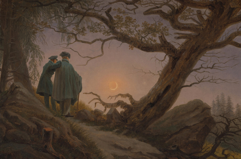 Two Friends and the Rising Moon art puzzle: Friedrich's two men in long coats on a forest path at dusk, one with a hand on the other's shoulder, watching a crescent moon beside a half-uprooted oak