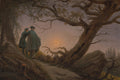 Two Friends and the Rising Moon art puzzle: Friedrich's two men in long coats on a forest path at dusk, one with a hand on the other's shoulder, watching a crescent moon beside a half-uprooted oak