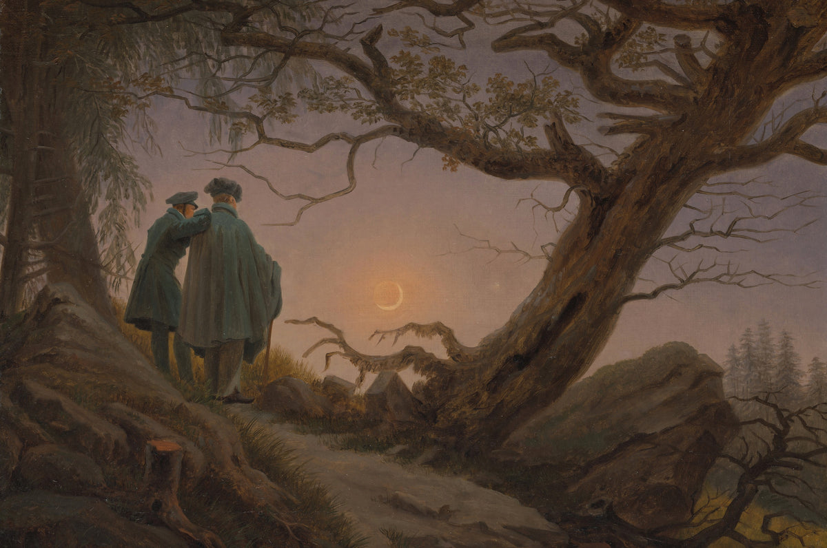 Two Friends and the Rising Moon art puzzle: Friedrich's two men in long coats on a forest path at dusk, one with a hand on the other's shoulder, watching a crescent moon beside a half-uprooted oak