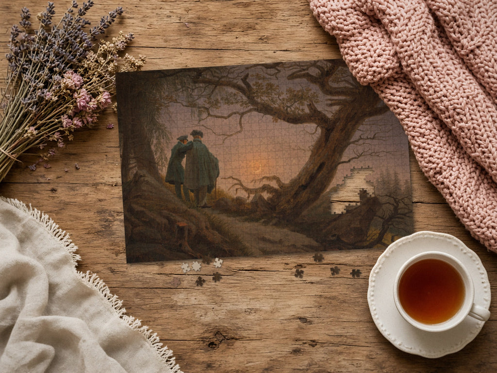 Two Friends and the Rising Moon 1014 piece puzzle assembled on a rustic wood table with dried lavender, a pink knit blanket, a linen throw and a cup of tea, a few loose pieces nearby