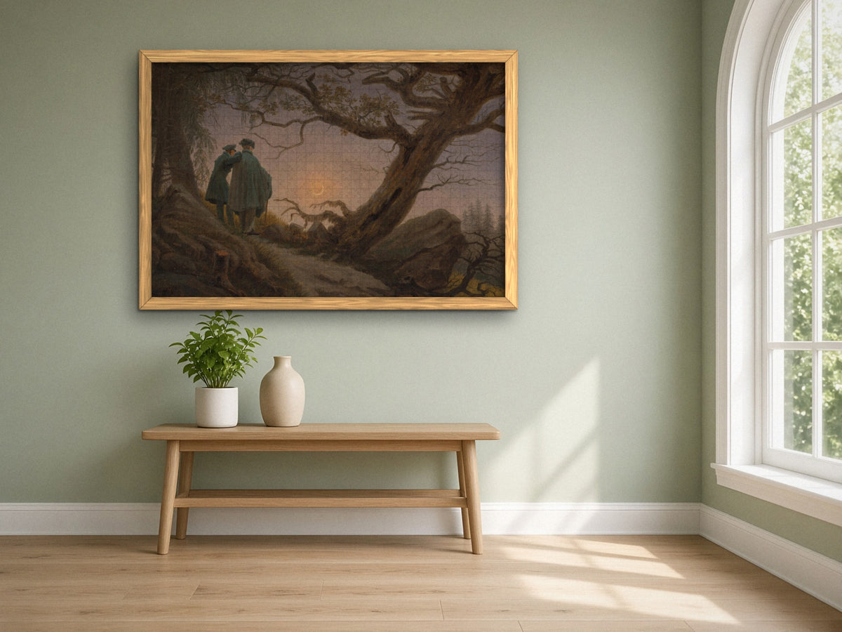 Two Friends and the Rising Moon 1014 piece puzzle assembled, framed in light wood on a sage green wall above a wooden bench, next to a tall arched window
