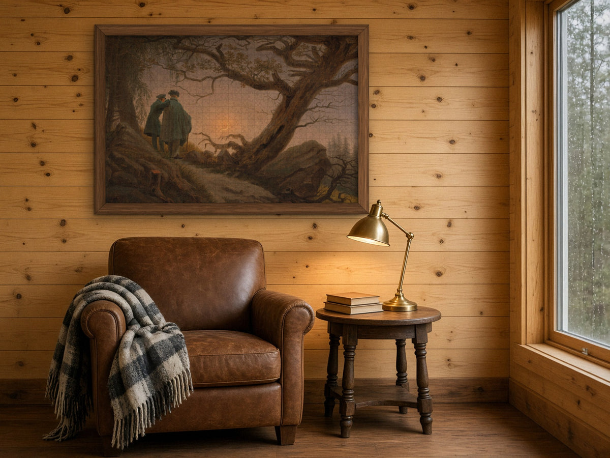 Two Friends and the Rising Moon 1014 piece puzzle assembled and framed on a knotty pine wall above a leather armchair with a plaid throw and a brass reading lamp