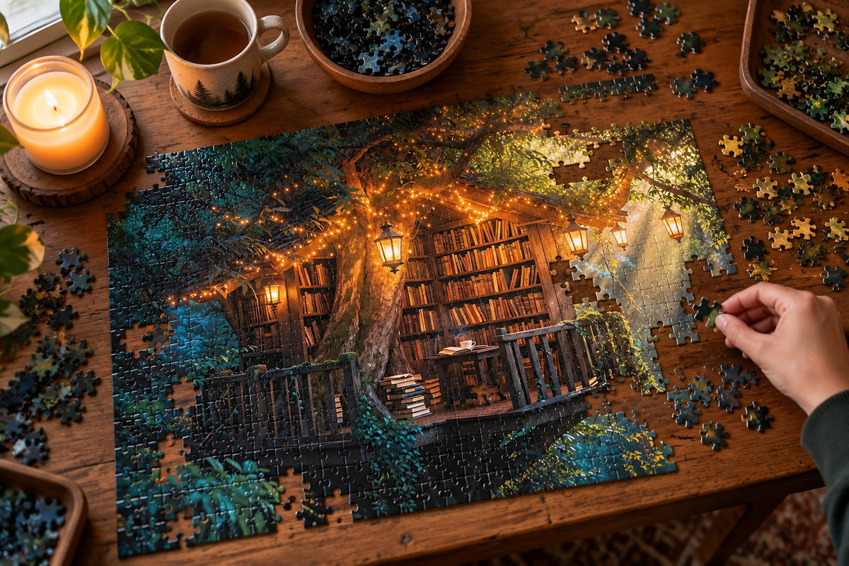 A hand placing pieces into The Library Above the Fireflies puzzle on a wooden table, with a lit candle, a cup of tea and bowls of loose pieces