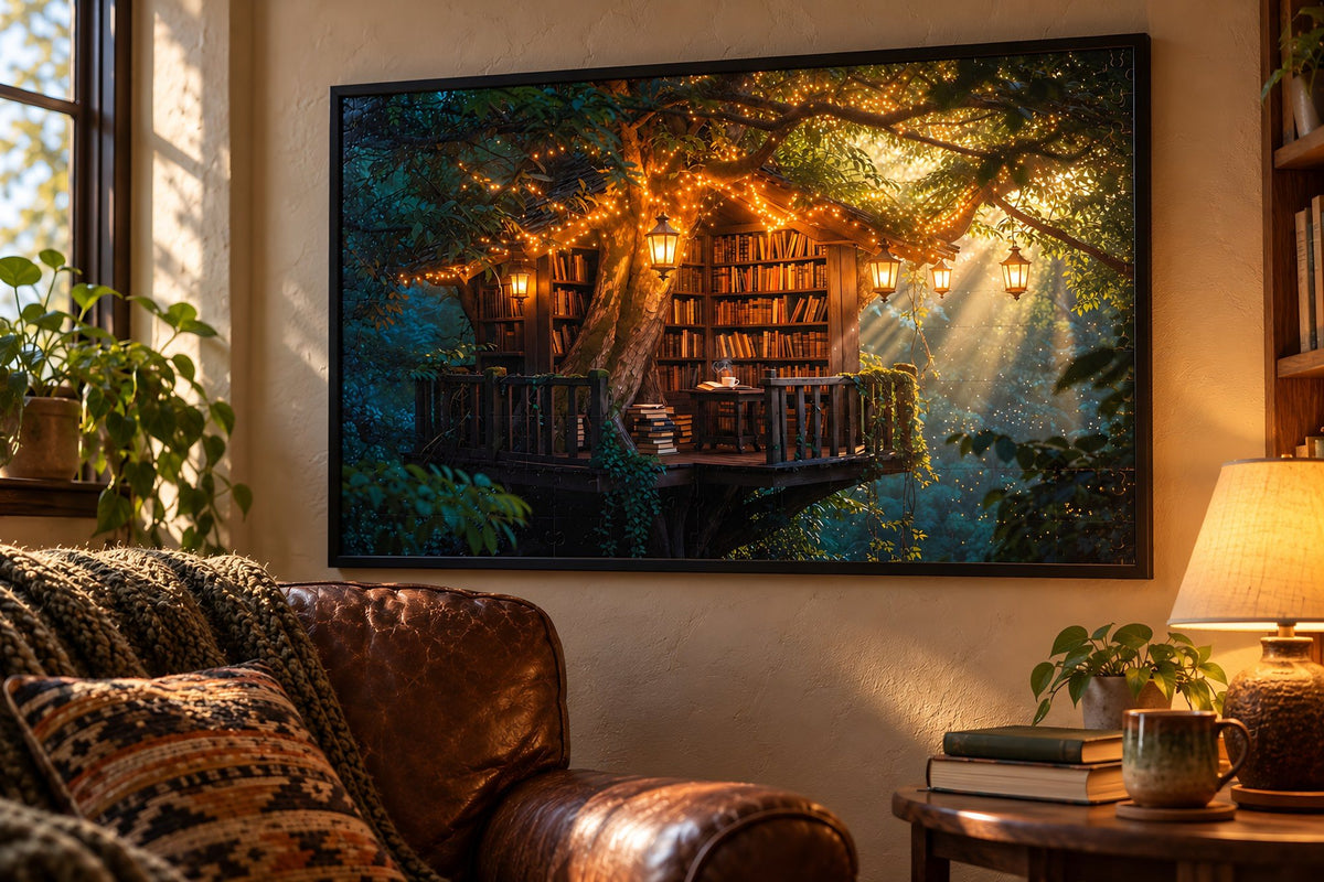 The Library Above the Fireflies puzzle, finished and framed in black, hanging above a leather armchair in a warm lamp-lit living room