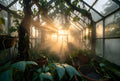 Golden dawn light filtering through overgrown greenhouse glass with vines and terracotta pots — botanical art puzzle by The Wandered Piece