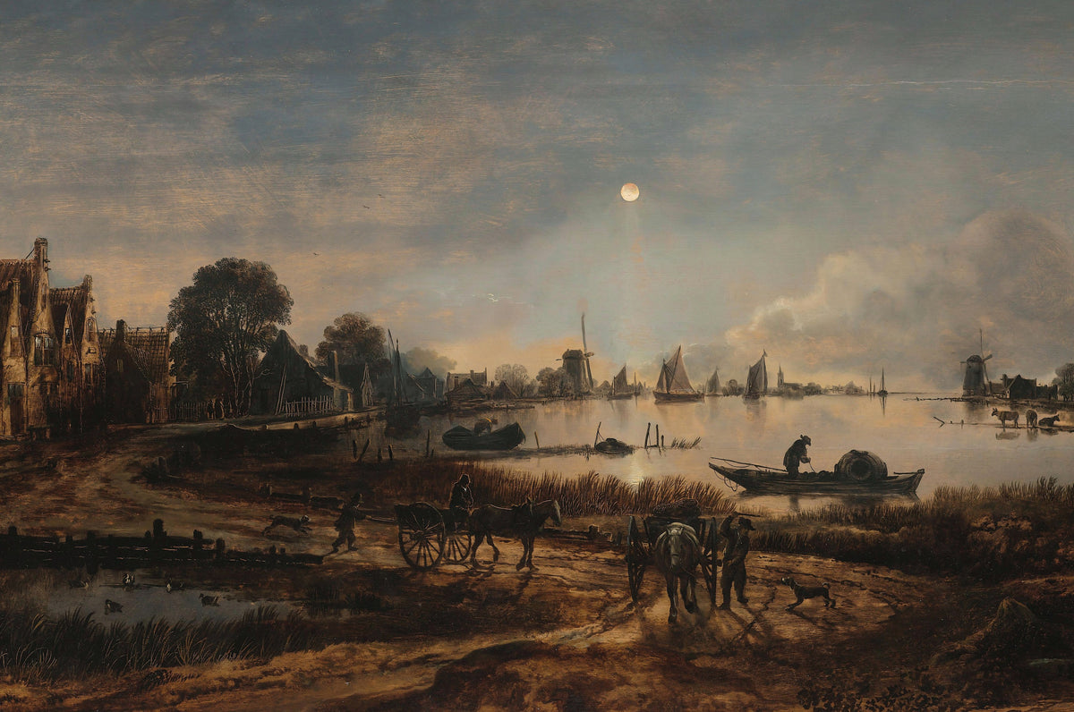 Where the River Keeps the Moon art puzzle: van der Neer's moonlit Dutch river, a small bright moon over still water, sailboats, windmills, and horse-drawn carts on the near shore