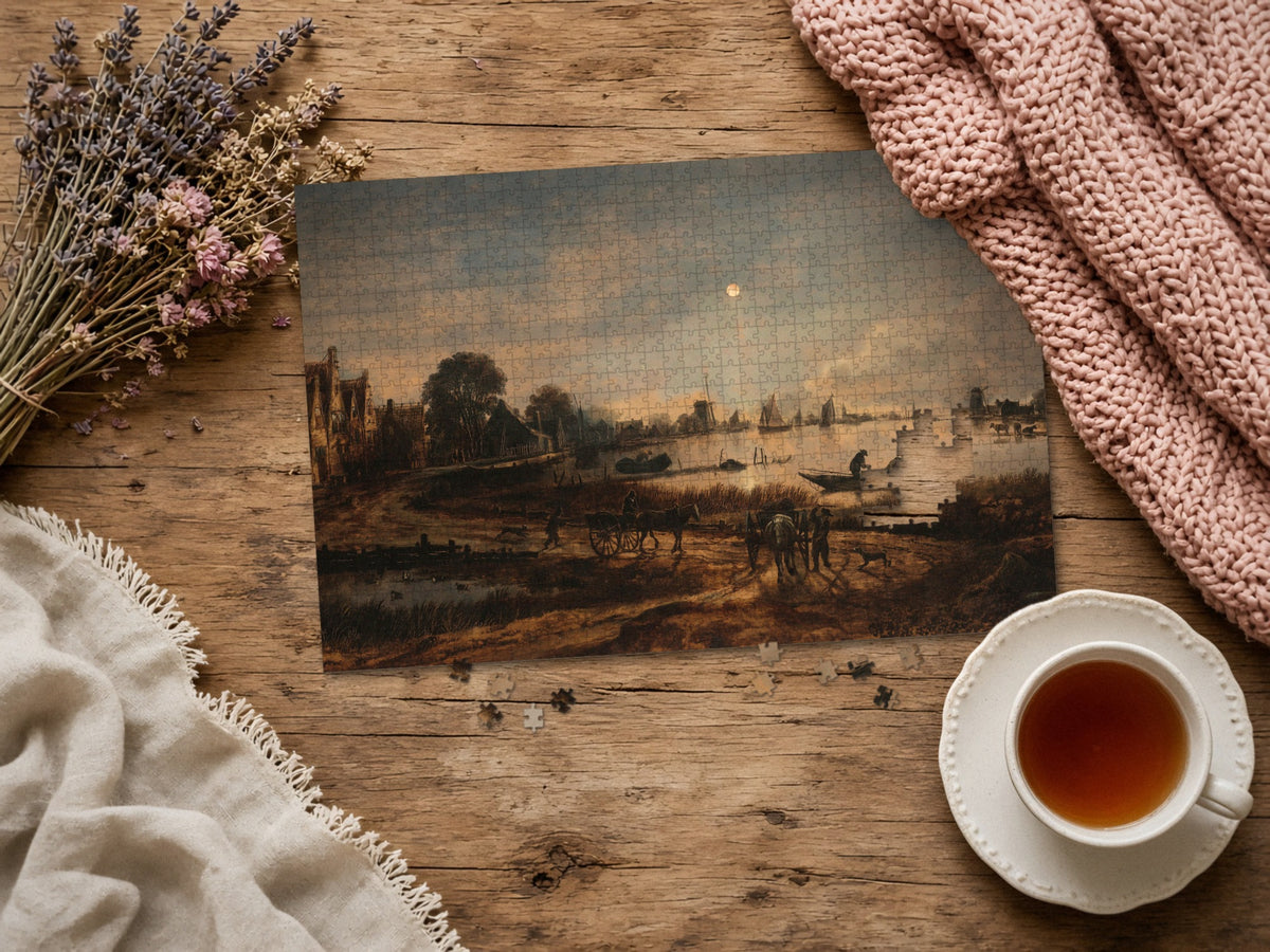 Where the River Keeps the Moon 1014 piece puzzle assembled on a rustic wood table with dried lavender, a pink knit blanket, a linen throw and a cup of tea, a few loose pieces nearby