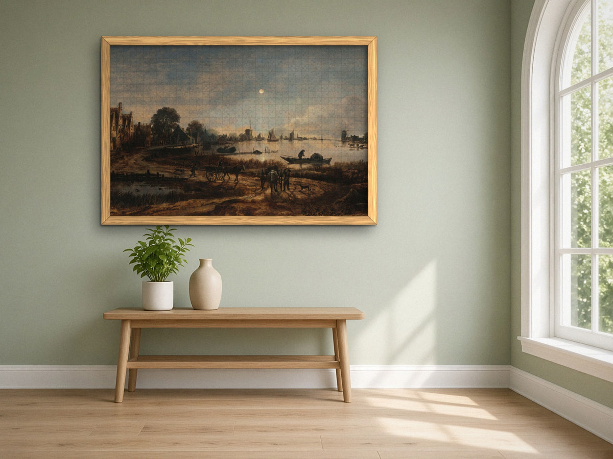 Where the River Keeps the Moon 1014 piece puzzle assembled, framed in light wood on a sage green wall above a wooden bench, next to a tall arched window