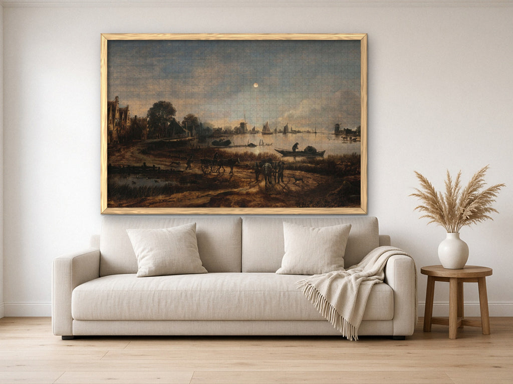 Where the River Keeps the Moon 1014 piece puzzle assembled, framed in light wood and hung above a cream sofa, with pampas grass on a side table