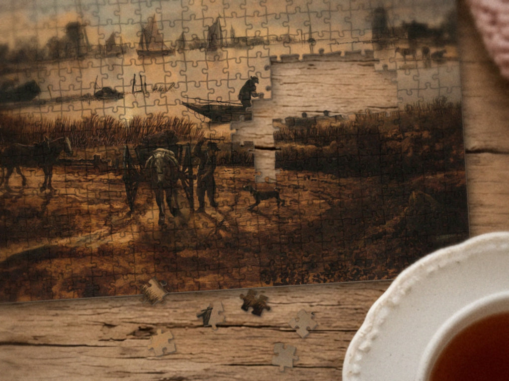 Close-up of the Where the River Keeps the Moon puzzle on a wood table showing the horse and cart and the man in the boat, a few pieces still missing, next to a teacup