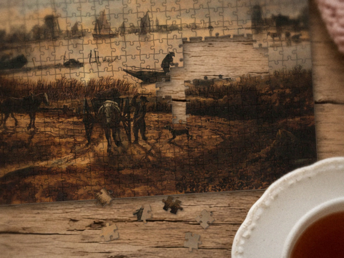 Close-up of the Where the River Keeps the Moon puzzle on a wood table showing the horse and cart and the man in the boat, a few pieces still missing, next to a teacup