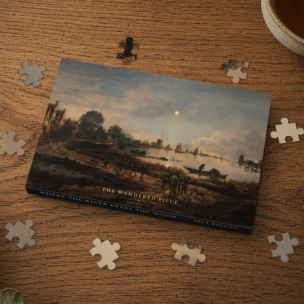 Where the River Keeps the Moon 1014 piece puzzle box on a wood table with loose pieces, box design shown for illustration