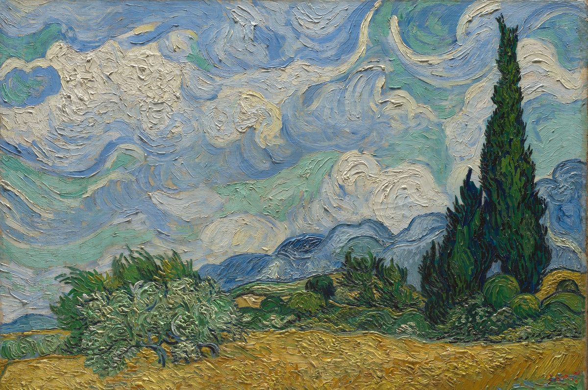 Wind Over the Wheat art puzzle: van Gogh's Wheat Field with Cypresses, swirling white and blue clouds over a gold wheat field, two dark cypresses on the right and blue hills beyond