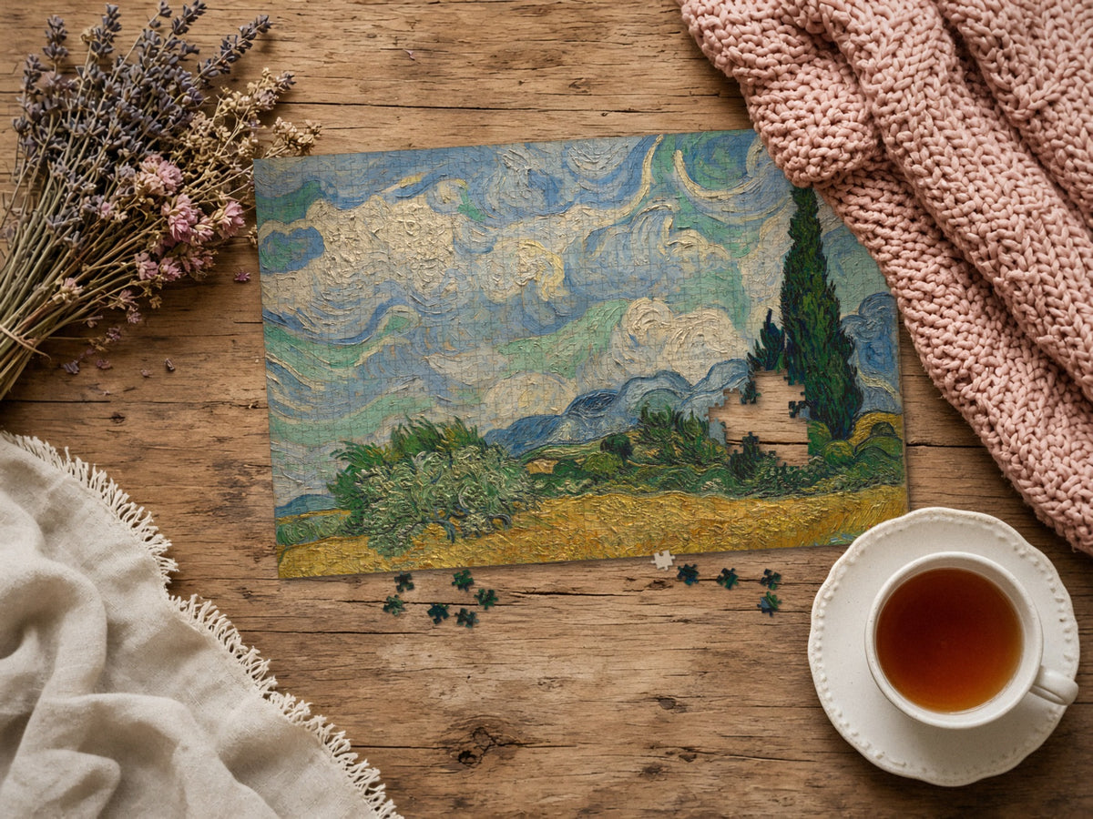 Wind Over the Wheat 1014 piece puzzle assembled on a rustic wood table with dried lavender, a pink knit blanket, a linen throw and a cup of tea, a few loose pieces nearby
