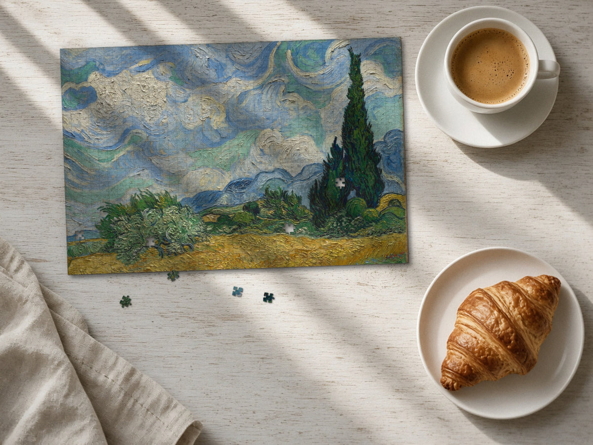 Wind Over the Wheat 1014 piece puzzle laid flat on a pale wood table in morning sun beside a cappuccino and a croissant